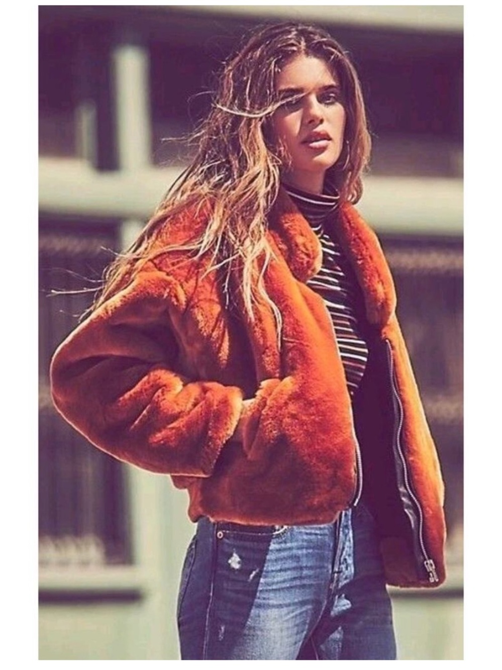 Free People Furry Bomber Jacket Faux Fur Coat Terracotta Golden Brown M